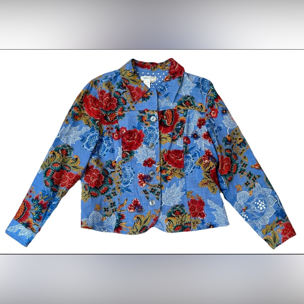 Coldwater Creek Blue Floral Linen Jacket L Button Front Cottagecore Prarie